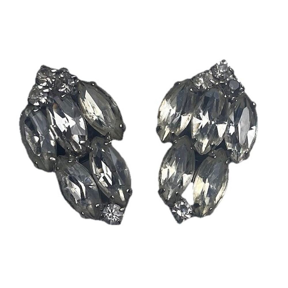 Vintage Clear Glass Rhinestone Clip On Earrings Silver Tone Estate Jewelry